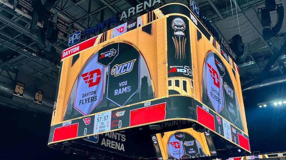 The scoreboard shows the Dayton vs. Virginia Commonwealth matchup in the Atlantic 10 Conference championship game on Sunday, March 15, 2026, at PPG Paints Arena in Pittsburgh. David Jablonski/Staff