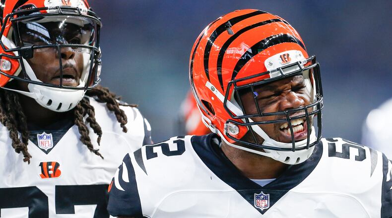 Cincinnati Bengals linebacker Preston Brown (52) reacts after intercepting an Andrew Luck pass against the Indianapolis Colts on Sunday, Sept. 9, 2018 at Lucas Oil Stadium in Indianapolis, Ind. (Sam Riche/TNS)