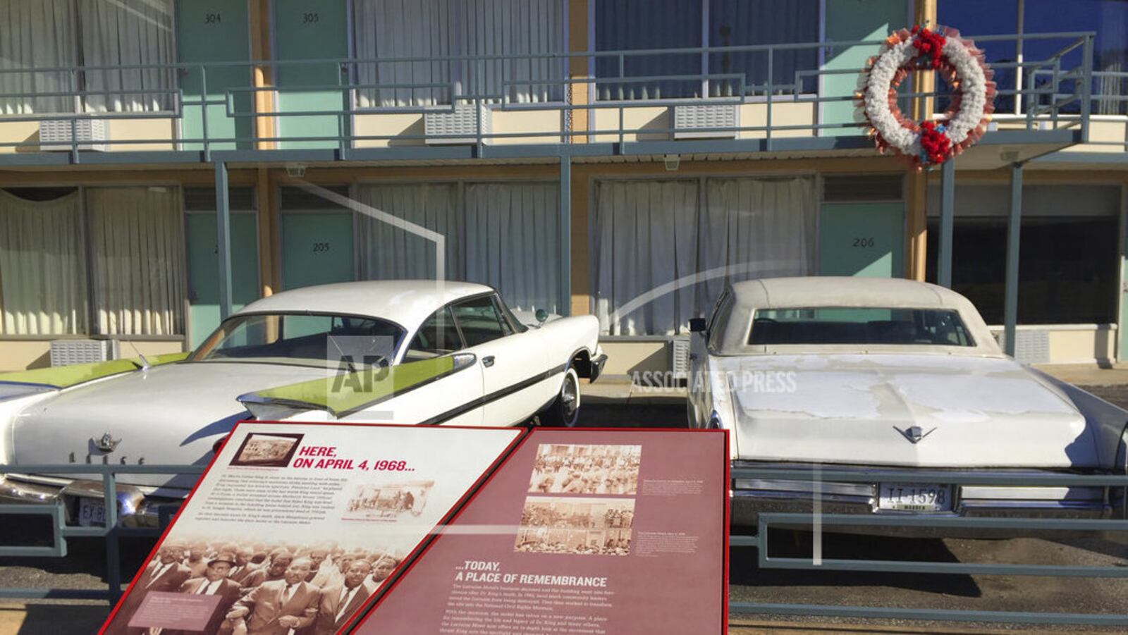 FILE - This March 13, 2017, file photo, shows a view of the former Lorraine Motel balcony where Martin Luther King Jr. was shot in 1968 in Memphis, Tenn. The former motel is now part of the National Civil Rights Museum. Travelers will find a variety of events and sites in Memphis and elsewhere honoring King's legacy on the 50th anniversary of his death.(AP Photo/Beth J. Harpaz, File)