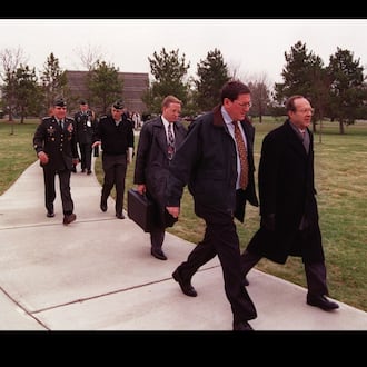 Thirty years ago, an agreement to end the Bosnian war was negotiated at Wright-Patterson Air Force Base. Here, Assistant Secretary of State Richard Holbrook and colleagues are walking on the "Peace Walk" on Wright-Patterson's Area A. Air Force photo.