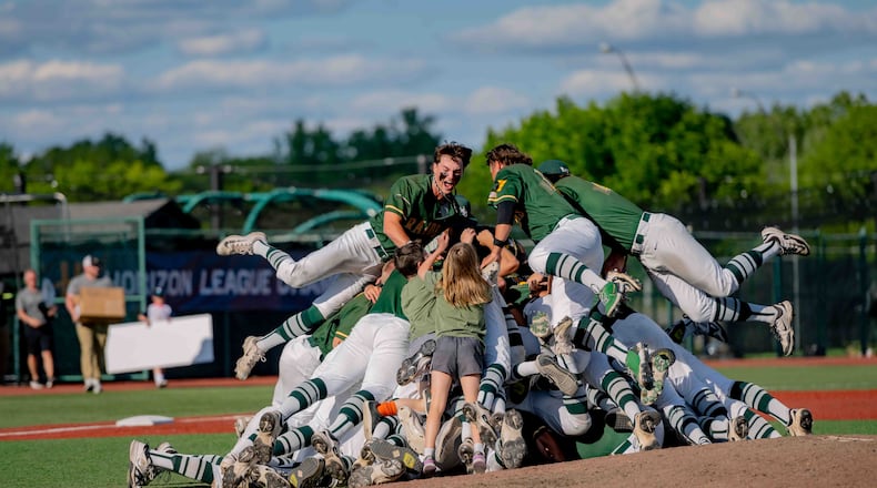 The Wright State University baseball team celebrates after beating Milwaukee to win the Horizon League tournament championship on May 25, 2025 at Nischwitz Stadium in Fairborn. WRIGHT STATE ATHLETICS / CONTRIBUTED PHOTO