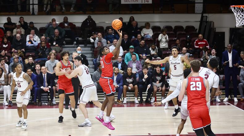 Dayton's Malachi Smith scores in the first half against Fordham on Wednesday, Feb. 12, 2025, at Rose Hill Gym in Bronx, N.Y. David Jablonski/Staff