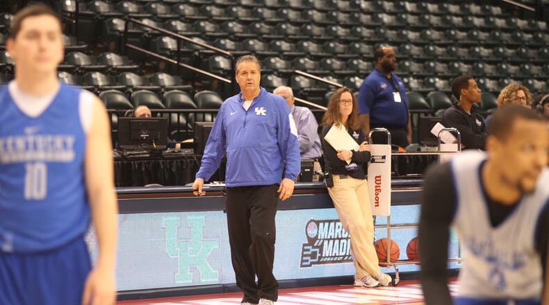 Kentucky’s John Calipari watches his team practice on Thursday, March 16, 2017, at Bankers Life Fieldhouse in Indianapolis. David Jablonski/Staff