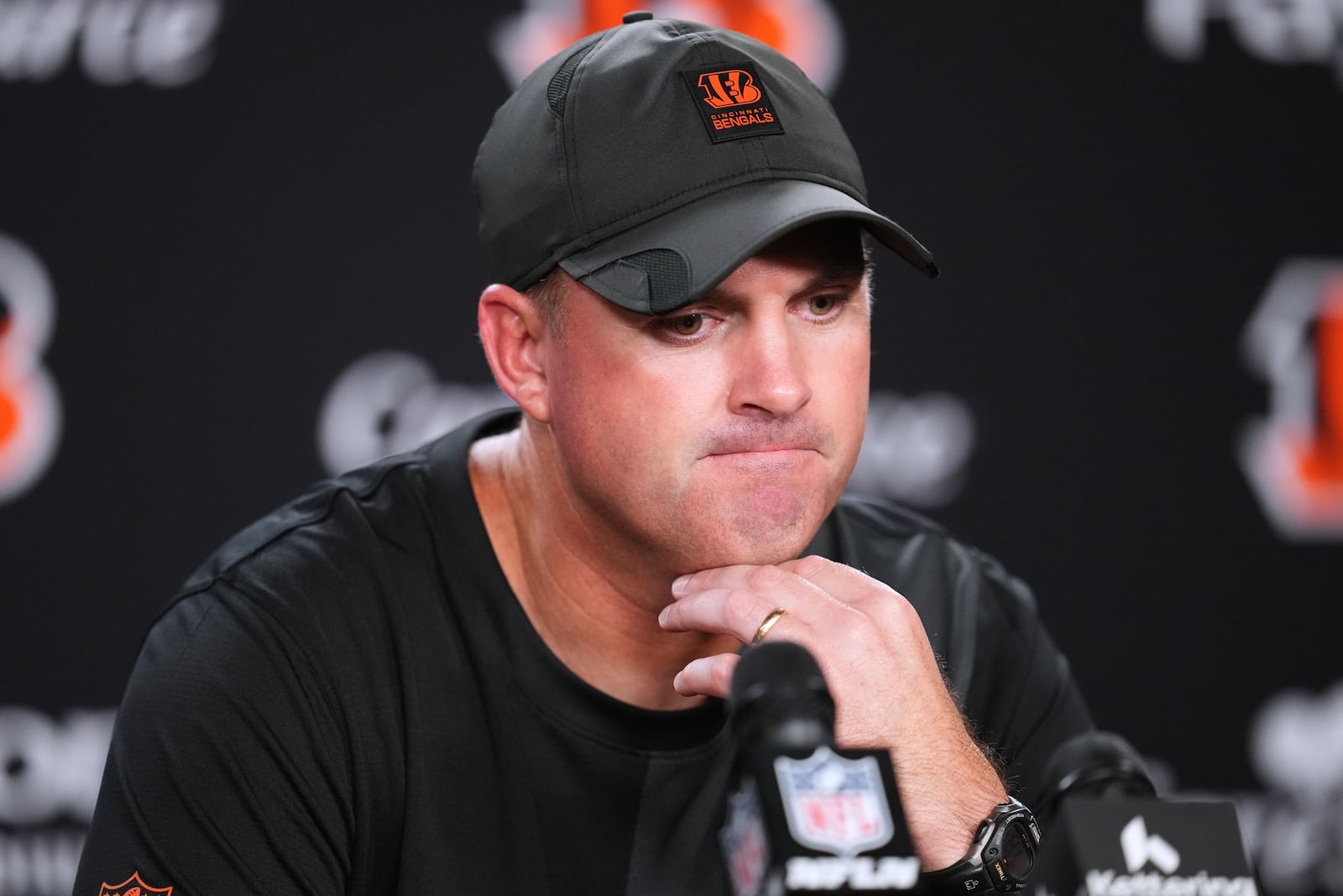 Cincinnati Bengals head coach Zac Taylor talks with the media after an NFL football game against the Detroit Lions Sunday, Oct. 5, 2025, in Cincinnati. (AP Photo/Jeff Dean)