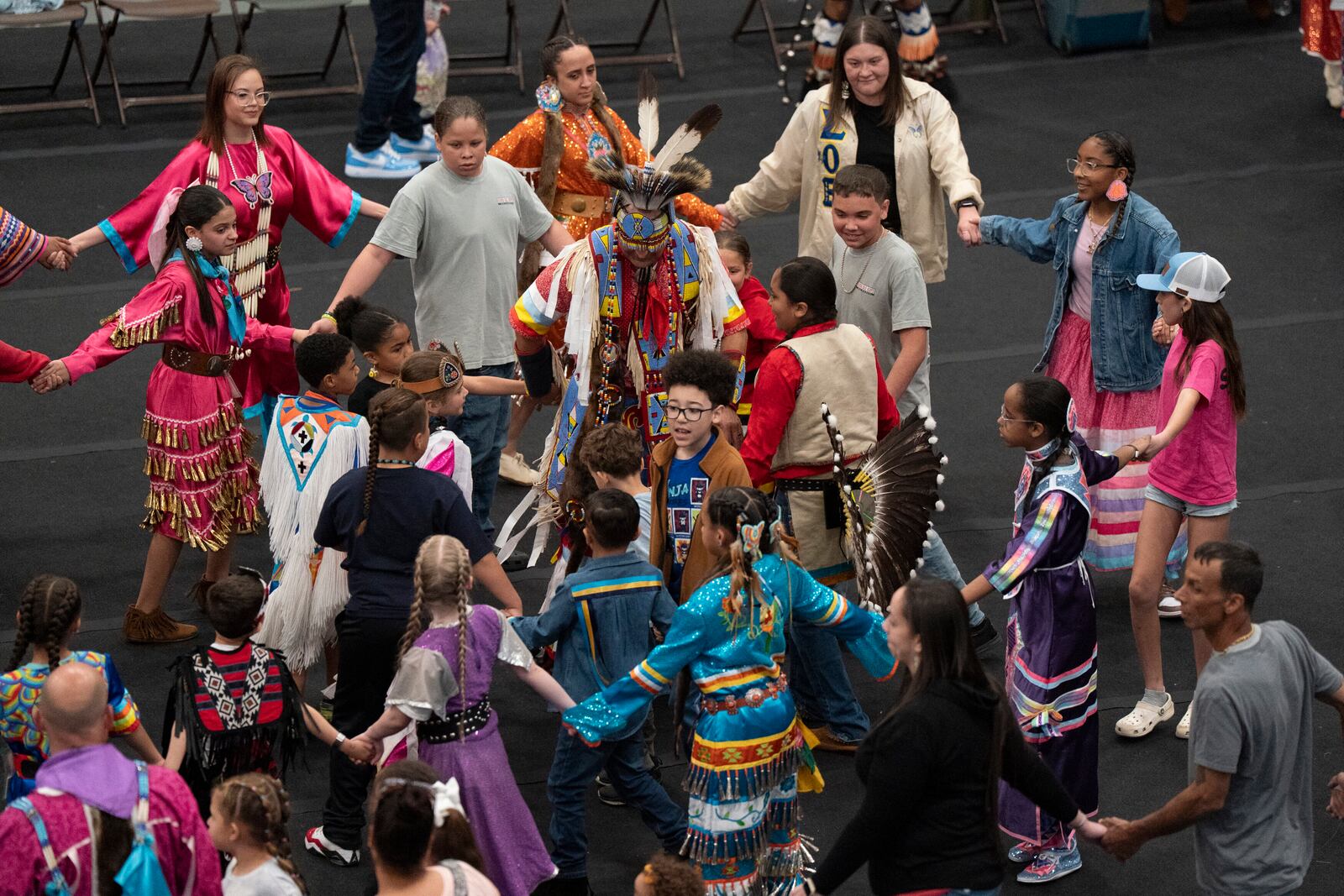 People participate during the BraveNation Powwow and Gather at UNC Pembroke, Saturday, March 22, 2025, in Pembroke, N.C. (AP Photo/Allison Joyce)