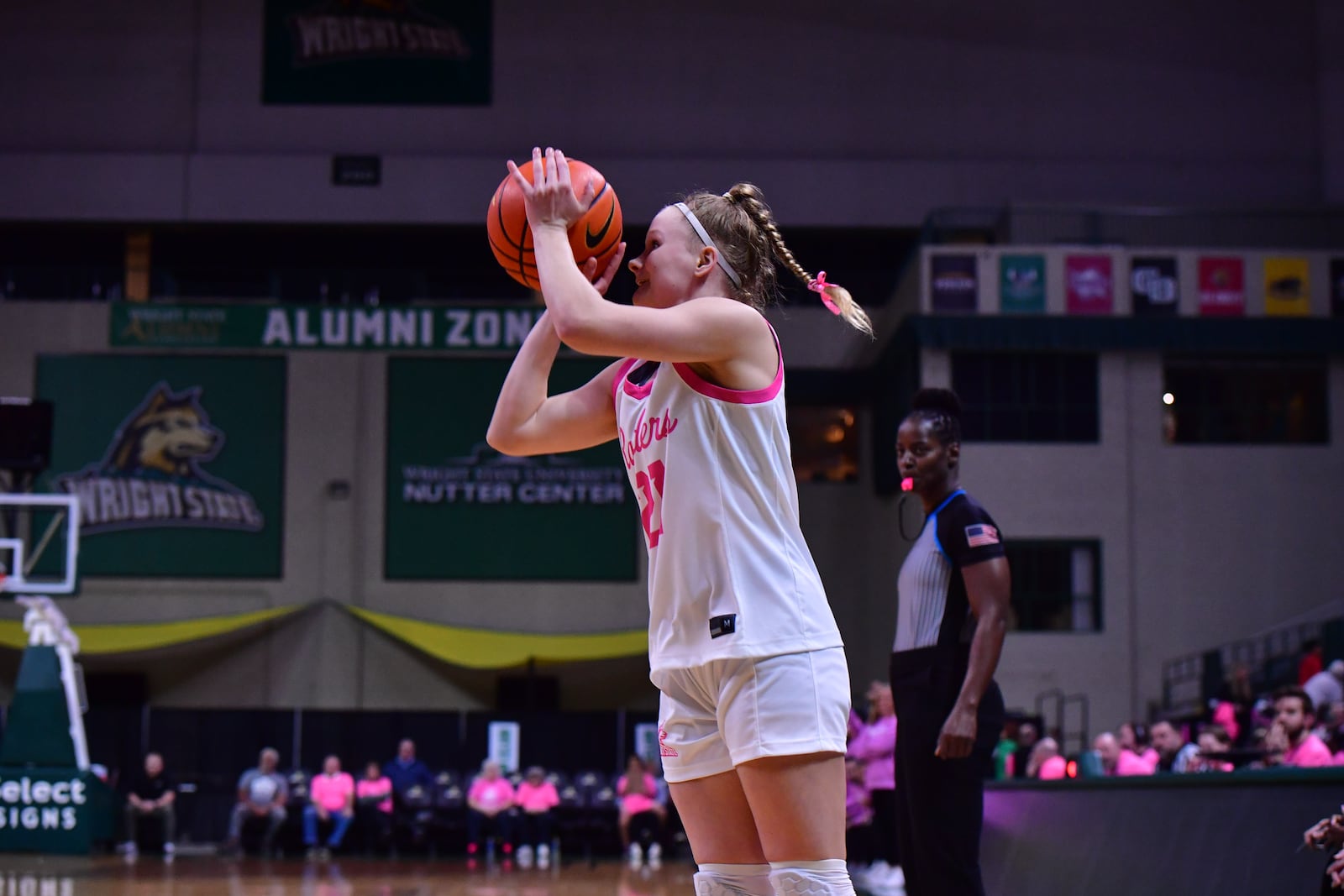 Wright State University's Lauren Scott leaps to shoot the ball during their game against Cleveland State on Wednesday, Feb. 25 at the Nutter Center. JOSEPH R. CRAVEN / CONTRIBUTED PHOTO