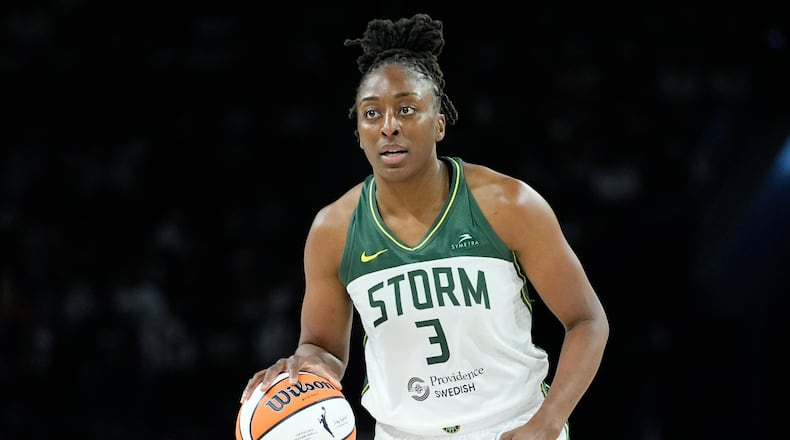 FILE - Seattle Storm forward Nneka Ogwumike (3) plays against the Las Vegas Aces in Game 2 of a WNBA basketball first-round playoff game Sept. 24, 2024, in Las Vegas. (AP Photo/John Locher, File)