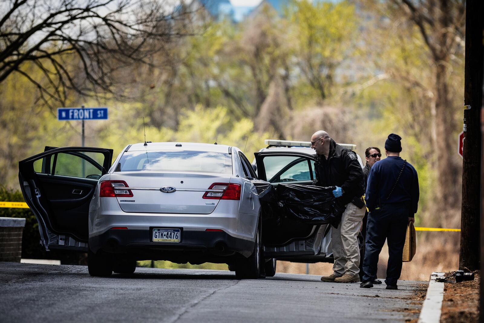 Police investigate Gov. Josh Shapiro's residence after someone set fire to the building on Sunday, April 13, 2025 in Harrisburg, Pa. (Sean Simmers/The Patriot-News via AP)