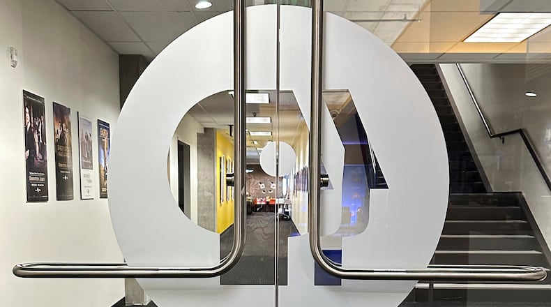 An entrance to the Arizona PBS offices in the Walter Cronkite School of Journalism and Mass Communication in Phoenix is seen, May 2, 2025. (AP Photo/Katie Oyan, File)