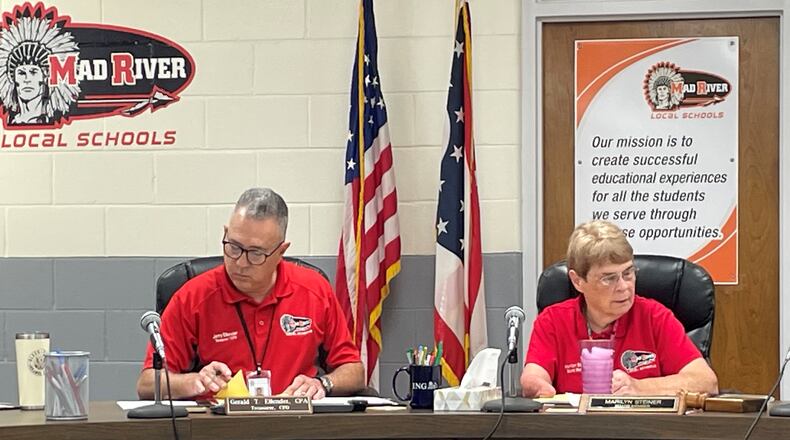 Mad River Schools Treasurer Jerry Ellender and school board member Marilyn Steiner at a 2023 school board meeting. FILE