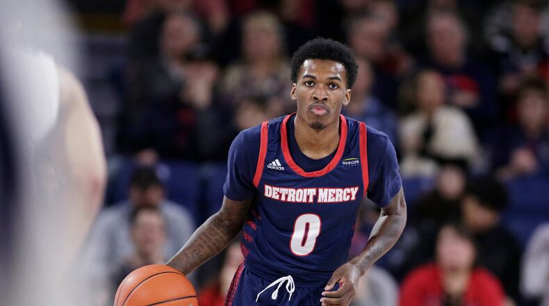FILE - Detroit Mercy guard Antoine Davis (0) brings the ball up the court during the first half of an NCAA college basketball game against Gonzaga in Spokane, Wash., on Dec. 30, 2019. (AP Photo/Young Kwak, File)