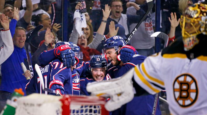 COLUMBUS, OH - APRIL 30: Matt Duchene #95 of the Columbus Blue Jackets is congratulated by his teammates after beating Tuukka Rask #40 of the Boston Bruins for a goal during the second period in Game Three of the Eastern Conference Second Round during the 2019 NHL Stanley Cup Playoffs on April 30, 2019 at Nationwide Arena in Columbus, Ohio. (Photo by Kirk Irwin/Getty Images)
