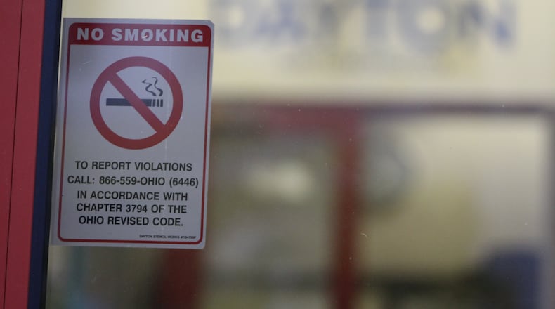 A no-smoking sign is posted on the entrance doors to City Hall. CORNELIUS FROLIK / STAFF