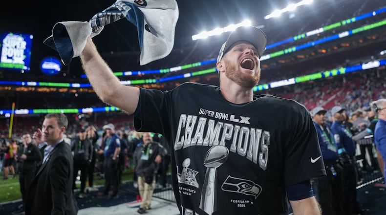 Seattle Seahawks quarterback Sam Darnold celebrates after a win over the New England Patriots in the NFL Super Bowl 60 football game, Sunday, Feb. 8, 2026, in Santa Clara, Calif. (AP Photo/Matt Slocum)