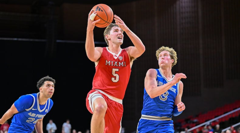 Miami’s Peter Suder goes up for a shot against Air Force on Monday night at Millett Hall. Suder scored a career-high 42 points. Miami Athletics photo