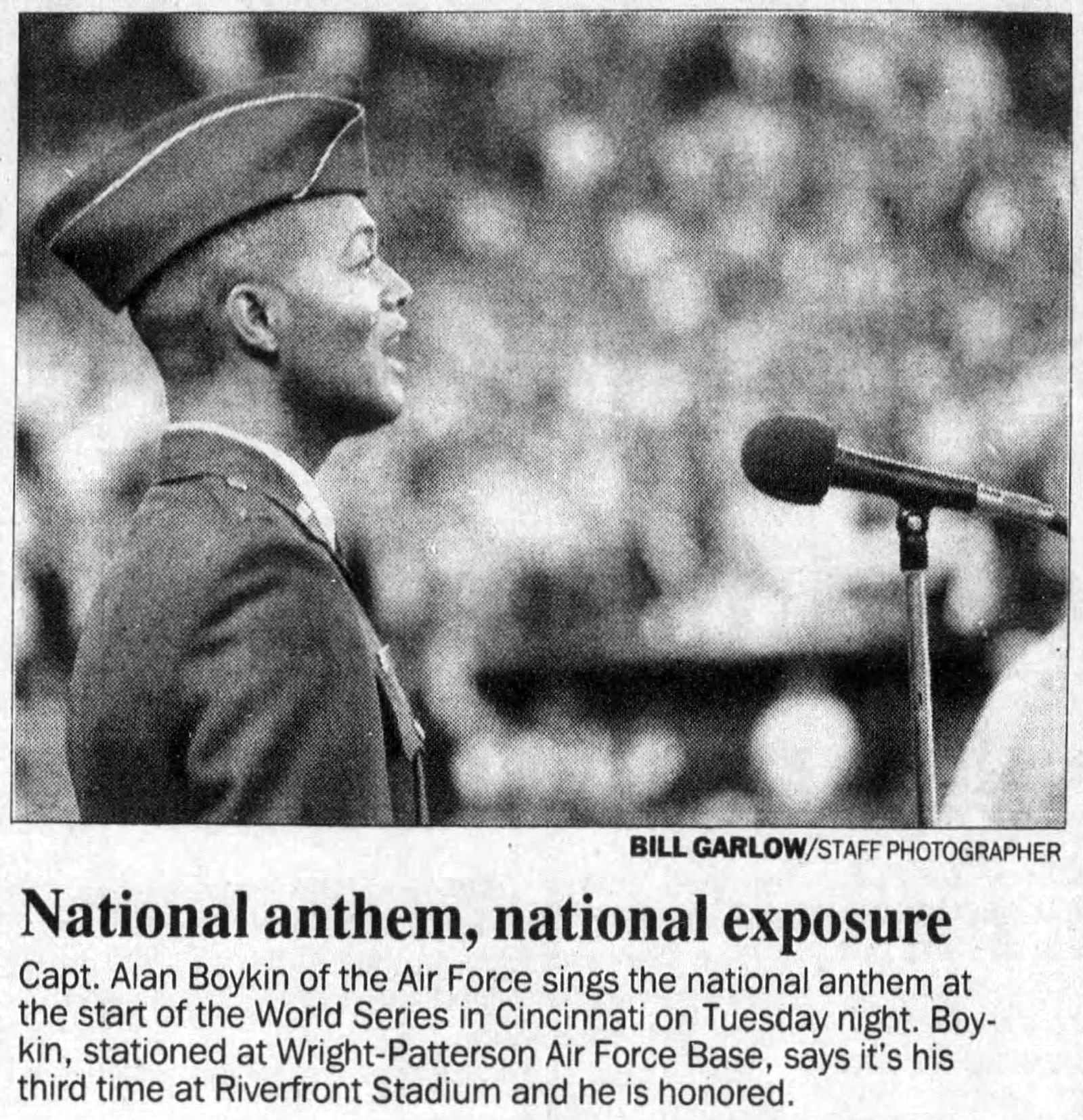 Capt. Alan Boykin from Dayton sand the national anthem before Game 1 of the 1990 World Series. DAYTON DAILY NEWS ARCHIVES