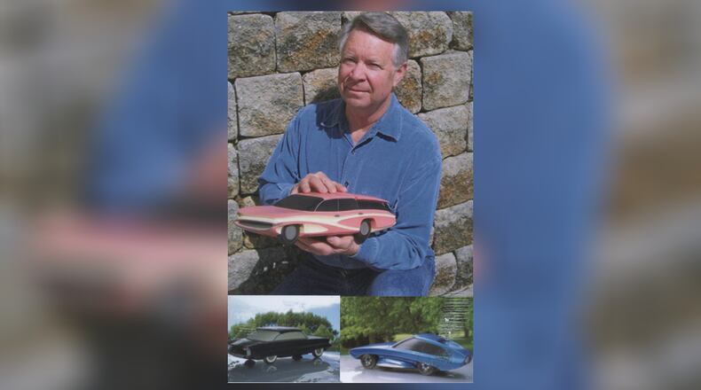 Fisher Body Craftsman’s Guild alumnus George Herzog of Beavercreek holds his 1958 regional award winning asymmetrical/convertible station wagon; inserts include his 1957 regional award winning black sedan and state award-winning 1963 blue sportscar. He also won a regional award for his 1959 sportscar and state awards for sedans in 1955-56, but he no longer has those models. CONTRIBUTED