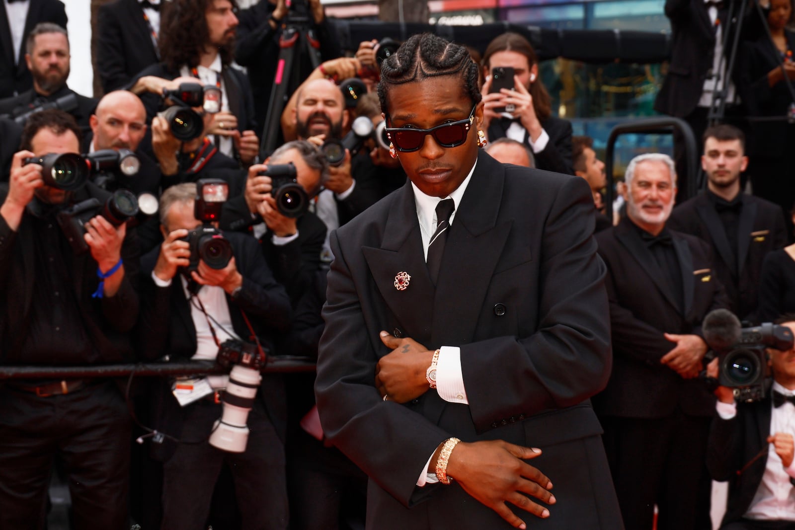 A$AP Rocky poses for photographers upon arrival at the premiere of the film 'Highest 2 Lowest' at the 78th international film festival, Cannes, southern France, Monday, May 19, 2025. (Photo by Joel C Ryan/Invision/AP)
