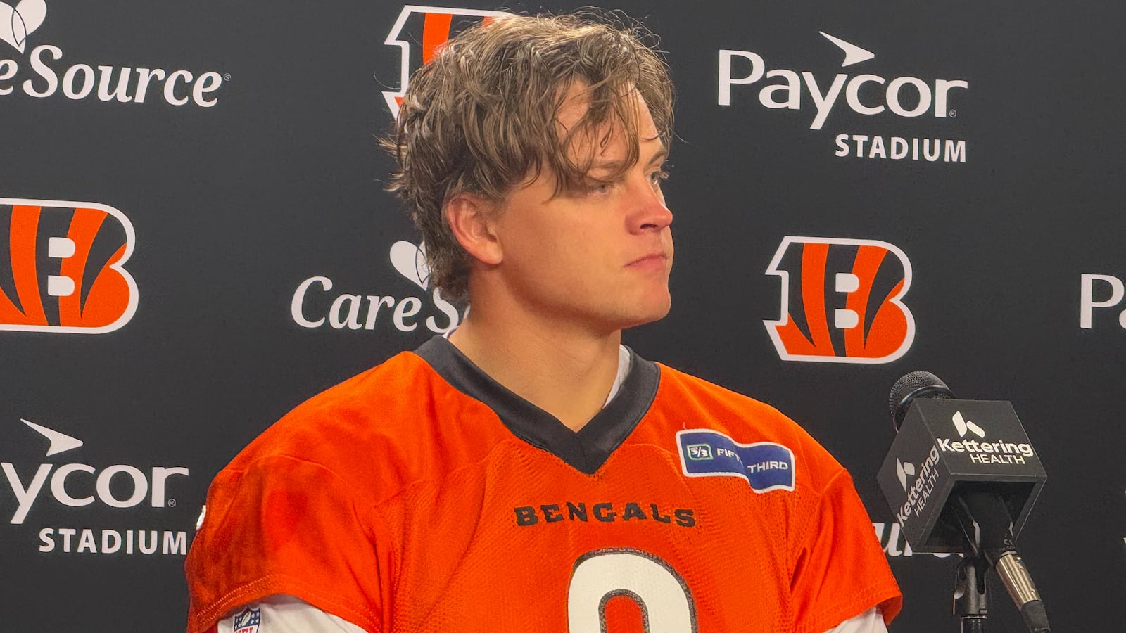 Cincinnati Bengals quarterback Joe Burrow talks to the media for the first time after missing nearly two months of the season due to toe surgery. LAUREL PFAHLER / CONTRIBUTED PHOTO