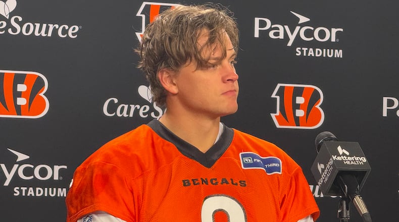 Cincinnati Bengals quarterback Joe Burrow talks to the media for the first time after missing nearly two months of the season due to toe surgery. LAUREL PFAHLER / CONTRIBUTED PHOTO