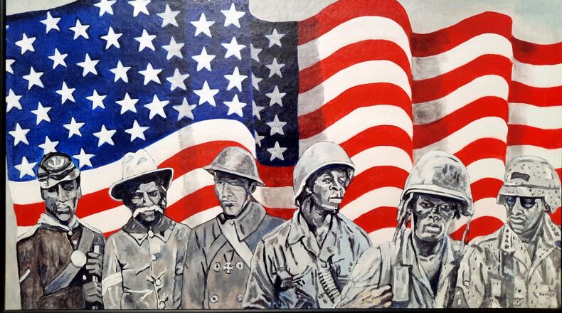 This artwork, entitled "Colored Soldiers" by artist Clifford Darrett, is among the artworks on display for Black History Month at Edward A. Dixon Gallery, 118 W. First St., in Dayton. CONTRIBUTED