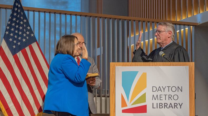 Carolyn Rice was sworn in for a second term on the Montgomery County Commission at a ceremony at the Dayton Metro Library on Wednesday | PROVIDED