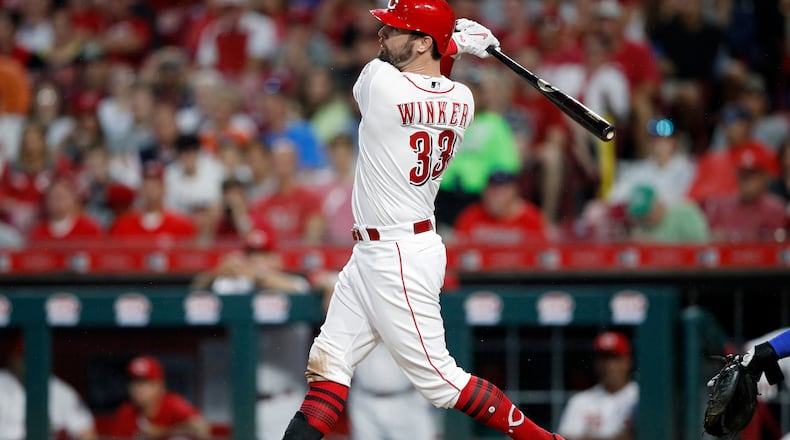 CINCINNATI, OH - JUNE 21: Jesse Winker #33 of the Cincinnati Reds hits a grand slam home run in the sixth inning to give his team the lead against the Chicago Cubs at Great American Ball Park on June 21, 2018 in Cincinnati, Ohio. (Photo by Joe Robbins/Getty Images)