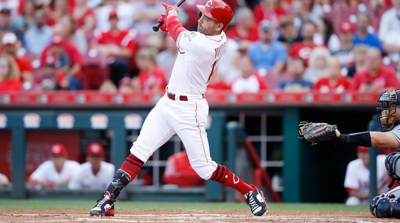 CINCINNATI, OH - AUGUST 07: Joey Votto #19 of the Cincinnati Reds singles to right field to drive in a run in the first inning of a game against the San Diego Padres at Great American Ball Park on August 7, 2017 in Cincinnati, Ohio. (Photo by Joe Robbins/Getty Images)