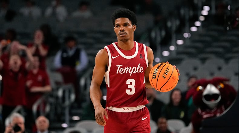 FILE - Temple's Hysier Miller dribbles up court against UAB during the first half of an NCAA college basketball game in the championship of the American Athletic Conference tournament, March 17, 2024, in Fort Worth, Texas. (AP Photo/Julio Cortez, File)