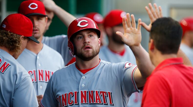 Scott Schebler #43 of the Cincinnati Reds, shown here vs. the Pirates earlier this season, hit a home run in Monday night's game vs. Atlanta. (File Photo by Justin K. Aller/Getty Images)