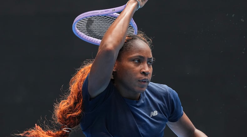 Coco Gauff of the United States plays a forehand return during a practice session ahead of the Australian Open tennis championship in Melbourne, Australia, Thursday, Jan. 15, 2026. (AP Photo/Mark Baker)