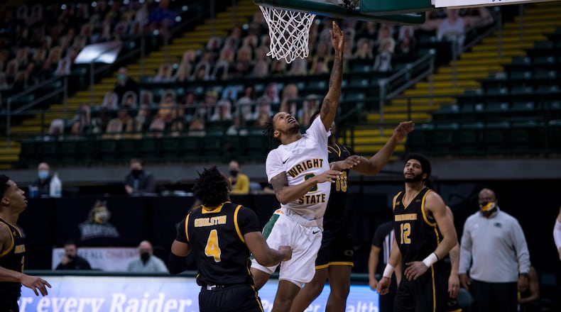 Wright State's Jaylon Hall scores during Saturday's win over Milwaukee at the Nutter Center. Josephn Craven/Wright State Athletics