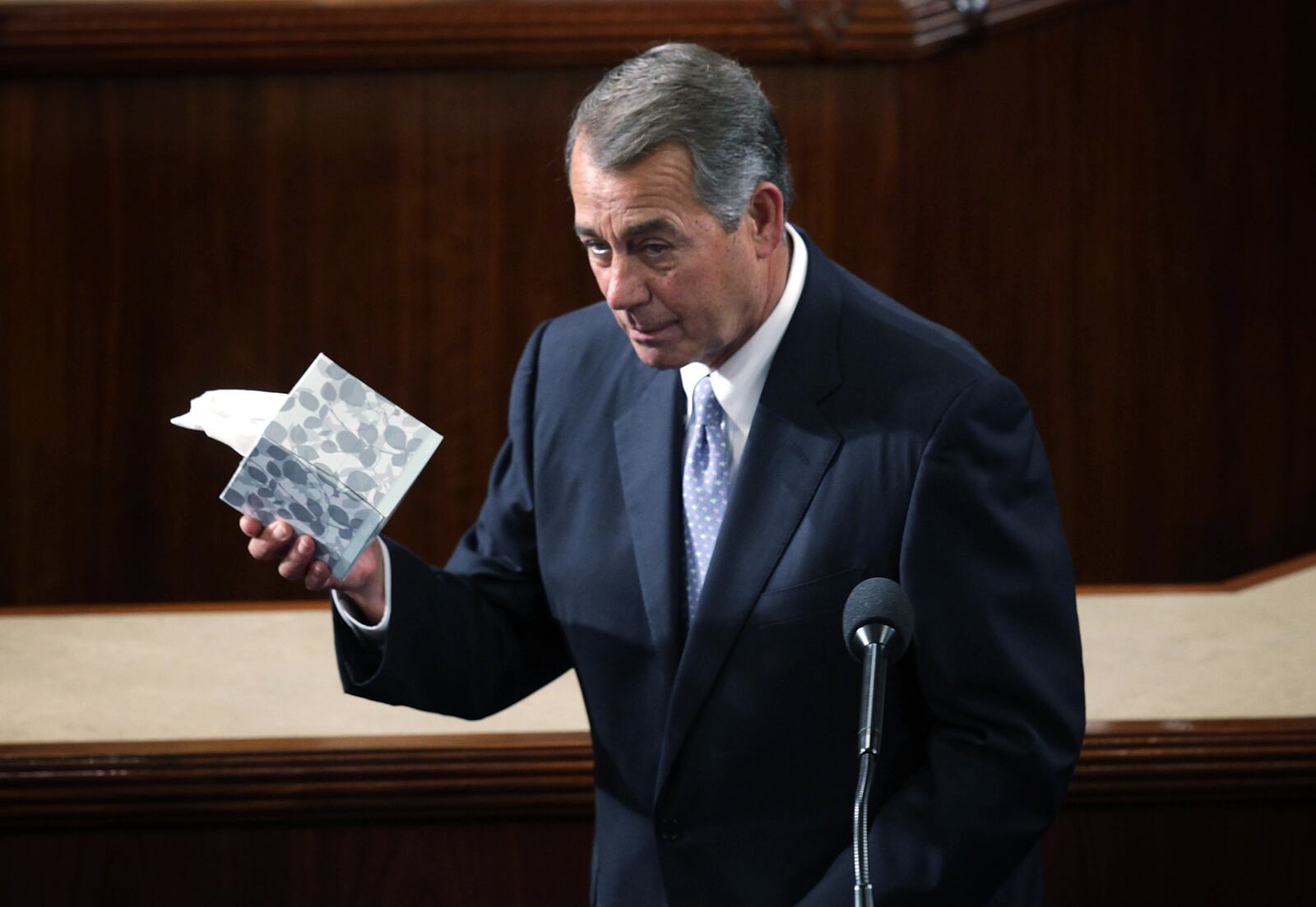 WASHINGTON, DC - OCTOBER 29: Outgoing U.S. Speaker of the House Rep. John Boehner (R-OH) jokingly holds up a box of tissue paper as he gives his farewell speech in the House Chamber of the Capitol October 29, 2015 on Capitol Hill in Washington, DC. The House of Representatives is scheduled to vote for a new speaker to succeed Boehner today. (Photo by Alex Wong/Getty Images)