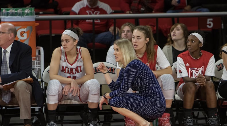 Miami University coach Megan Duffy watches the action from the sideline during a game this season at Millett Hall in Oxford. PHOTO COURTESY OF MIAMI UNIVERSITY ATHLETICS