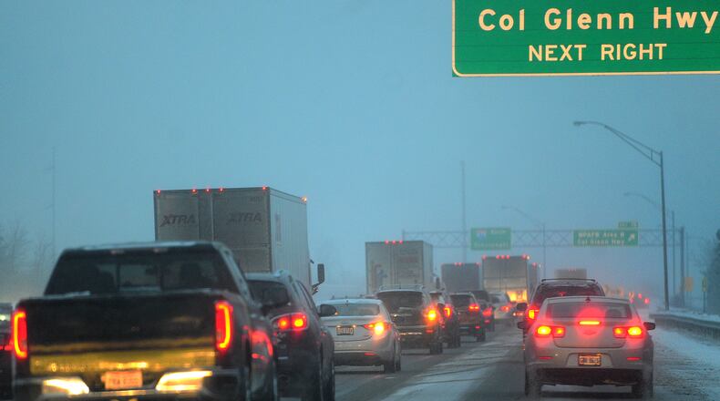 The snowy weather Friday morning, Jan. 19, 2024 caused several slide offs and accidents, causing roads like 675 and others to have stopped and backed up traffic. MARSHALL GORBY\STAFF