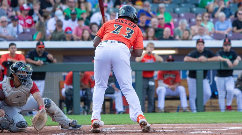 Dayton's Cam Collier is in the foot by a pitch in the first inning Friday night at Day Air Ballpark. Jeff Gilbert/CONTRIBUTED