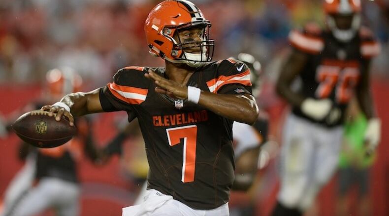In this Saturday, Aug. 26, 2017 file photo, Cleveland Browns quarterback DeShone Kizer (7) throws against the Tampa Bay Buccaneers during the second quarter of an NFL preseason football game in Tampa, Fla. AFC North revolves around QB longevity, except in Cleveland. And then there's Cleveland, where each new season brings a new quarterback and another lesson in why it's so important to have a proven quarterback. Rookie DeShone Kizer becomes QB No. 27 since they returned as an expansion team in 1999. (AP Photo/Jason Behnken, File)