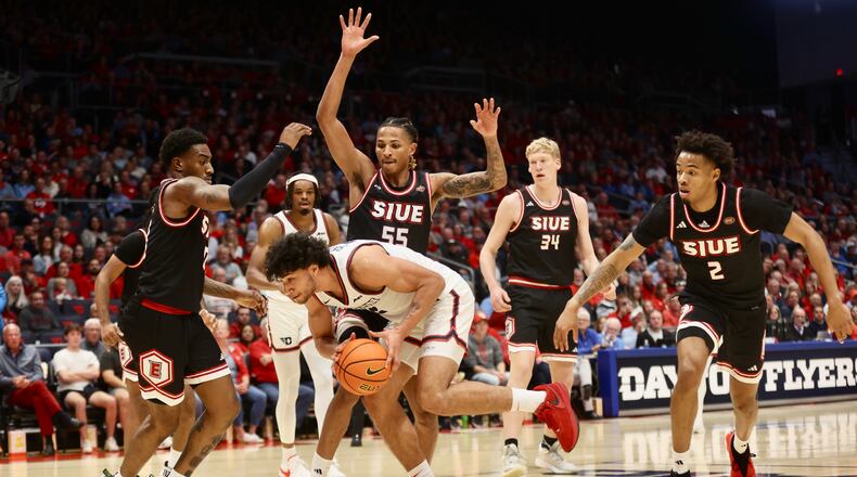 Dayton's Nate Santos looks for a shot against SIUE on Monday, Nov. 6, 2023, at UD Arena. David Jablonski/Staff