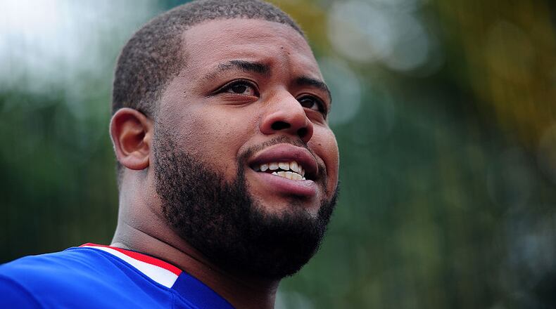 LONDON, ENGLAND - JULY 15:  Cordy Glenn of Buffalo Bills talks to the media during the NFL Launch of the Play 60 scheme at the Black Prince Community Hub on July 15, 2015 in London, England.  (Photo by Dan Mullan/Getty Images)