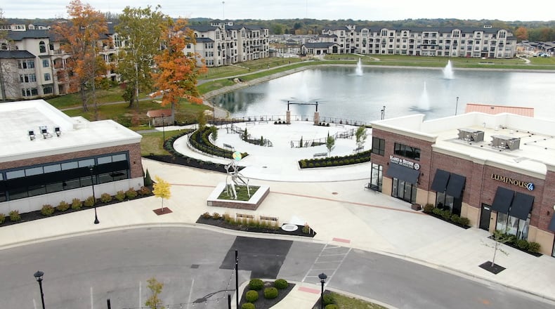 An aerial view of the Cornerstone of Centerville North mixed-use development at Wilmington Pike and Feedwire Road. The 156-acre site features more than 427,000 square feet of retail space. CONTRIBUTED PHOTO
