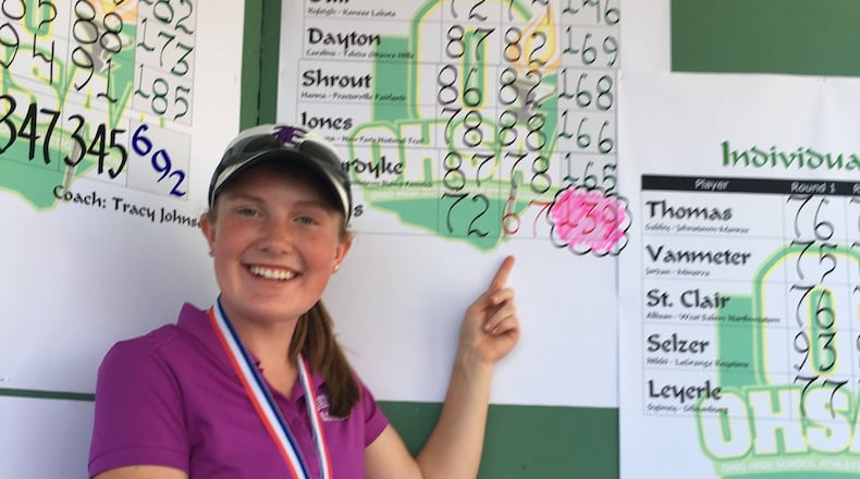 Eaton’s Sarah Willis won her second straight state golf title Saturday, rallying for a three-stroke victory on Ohio State’s Gray Course. CONTRIBUTED