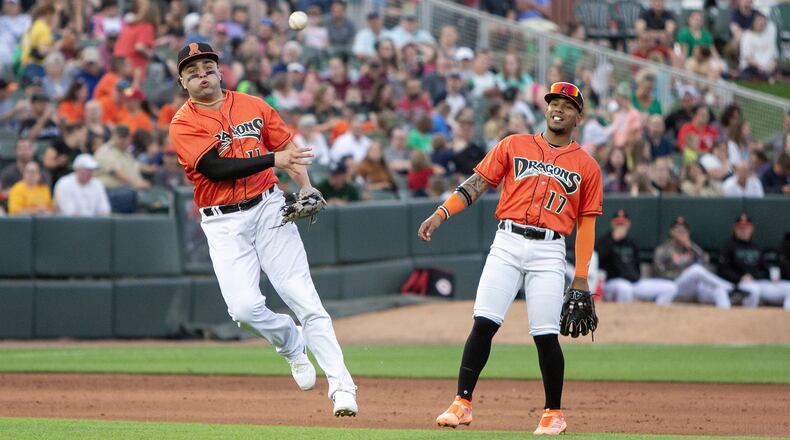 Dayton third baseman Sal Stewart throws off balance to first base during Friday night's 7-5 victory over Lansing at Day Air Ballpark. Jeff Gilbert/CONTRIBUTED