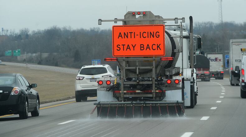 ODOT spraying anti-icing on southbound I-75 early Wednesday morning, January 26, 2021. MARSHALL GORBY\STAFF