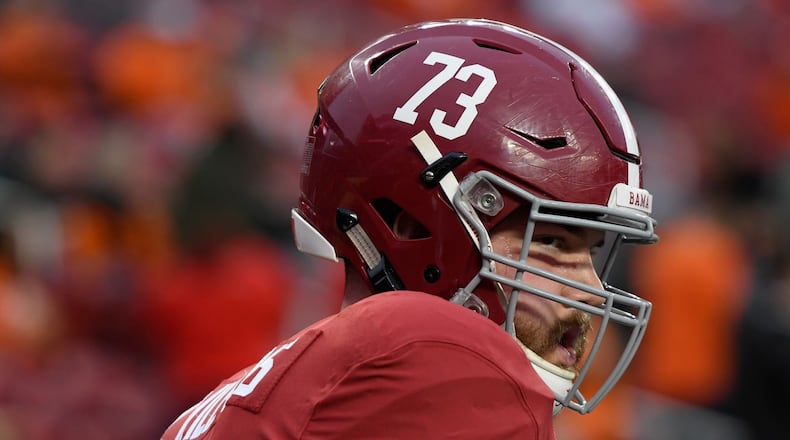 SANTA CLARA, CA - JANUARY 07: Jonah Williams #73 of the Alabama Crimson Tide warms up prior to the CFP National Championship against the Clemson Tigers presented by AT&T at Levi’s Stadium on January 7, 2019 in Santa Clara, California. (Photo by Harry How/Getty Images)