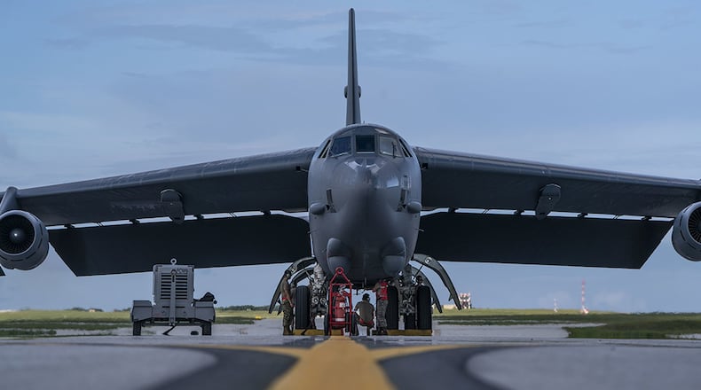 A U.S. Air Force B-52H Stratofortress bomber, deployed from Barksdale Air Force Base, La., lands at Andersen Air Force Base, Guam, July 4. The B-52 flew a 28-hour mission to demonstrate U.S. Indo-Pacific Command’s commitment to the security and stability of the Indo-Pacific region. (U.S. Air Force photo/Master Sgt. Richard P. Ebensberger)