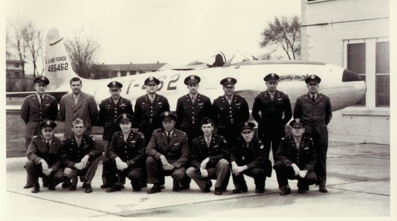 Air Materiel Command Experimental Test Pilot School Class of 1949D at Patterson Field. Front: Capt. J. R. Amann, Maj. J. C. Wise, Maj. G. V. Lane, Maj. P. P. Haug, Lt. R. J. Harer, Lr. R. D. Hippert, Capt. S. P. Parsons. Back row: Maj. K. O. Chilstrom (commandant), J. Krug, Capt. G. B. Quisenberry, Maj. D. A. Johnson, Capt L. K. Nesselbush, Capt. R. M. Roth, Capt, R. L. Stephens, Capt. R. M. Howe.
Photo credit: Air Force Life Cycle Management Center History Office