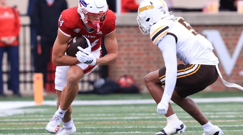 Miami's Cole Weaver catches a pass against Western Michigan in a recent game at Yager Stadium. MIAMI ATHLETICS PHOTO