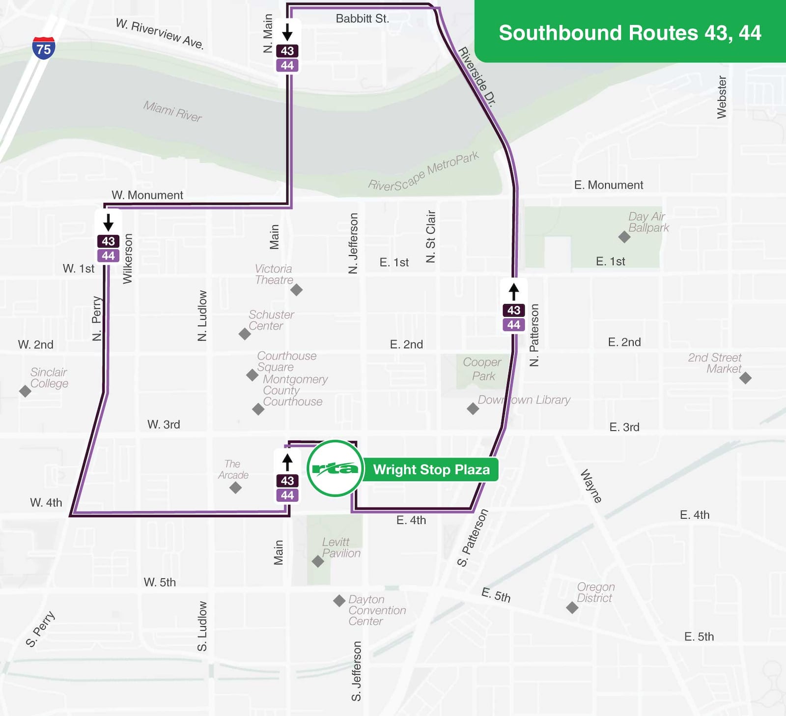 Southbound Routes 43 and 44 - From Monument Avenue they will turn left onto Perry Street, left onto Fourth Street, left onto Main Street and enter Wright Stop Plaza. (CONTRIBUTED: RTA)