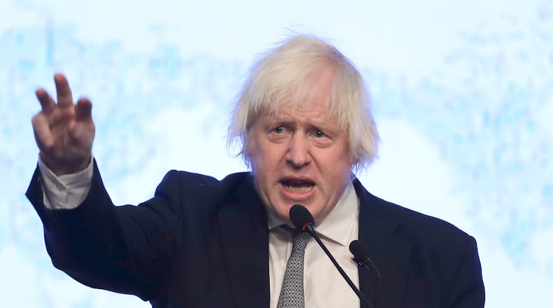 FILE - Boris Johnson, Former Prime Minister of the United Kingdom, delivers a speech during the Ketagalan Forum: 2025 Indo-Pacific Security Dialogue in Taipei, Taiwan, Tuesday, Aug. 5, 2025. (Chiang Ying-ying, File)