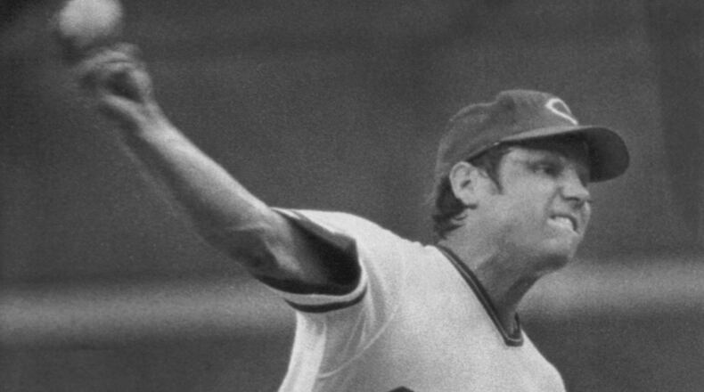 Cincinnati Reds' Pitcher Tom Seaver leans forward as lets loose with pitch in a game with the Atlanta Braves in Cincinnati, Ohio, July 14, 1977. Seaver had a no-hitter going into the seventh inning when he gave up a hit to Braves' batter Willie Montanez. Seaver ended up allowing two hits as he won his first game at home with the Reds. (AP Photo/Mark Duncan)